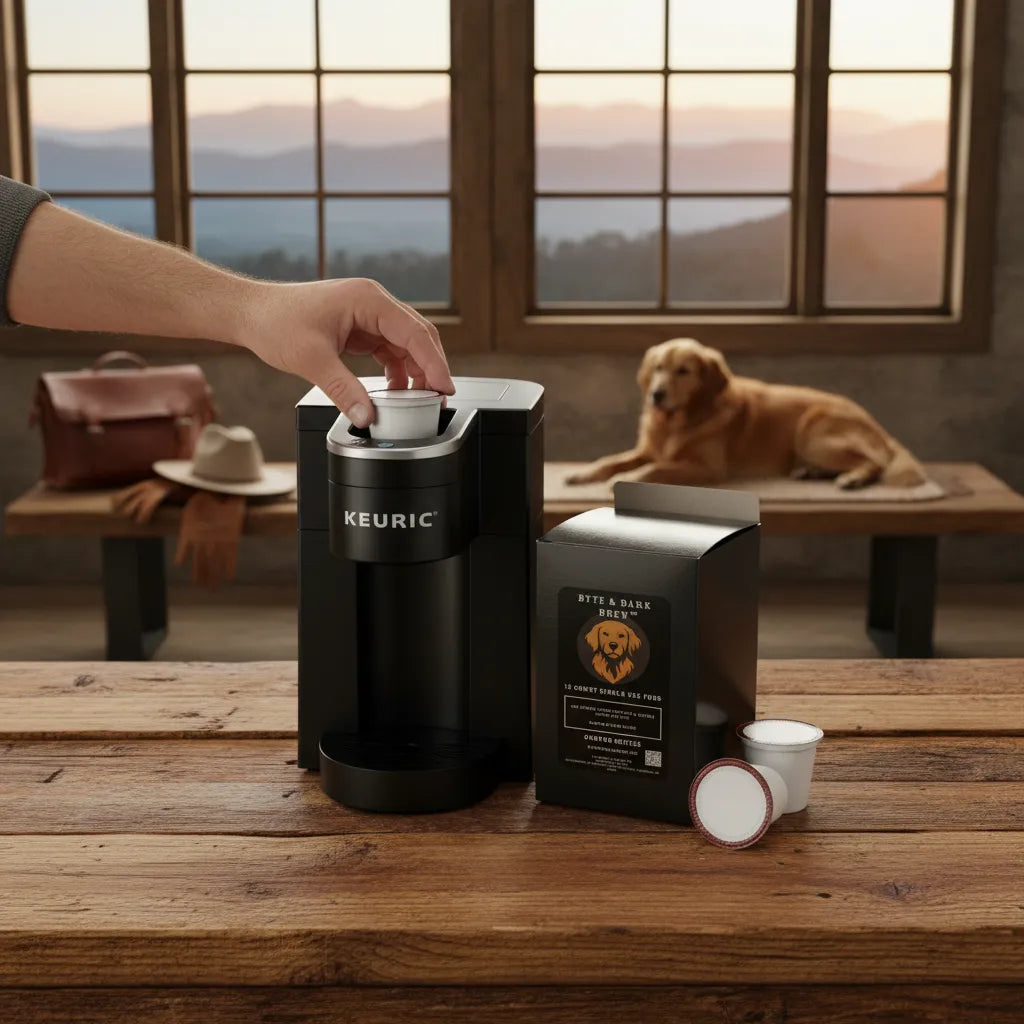 Person using a Keurig coffee maker on a wooden table with a dog in the background