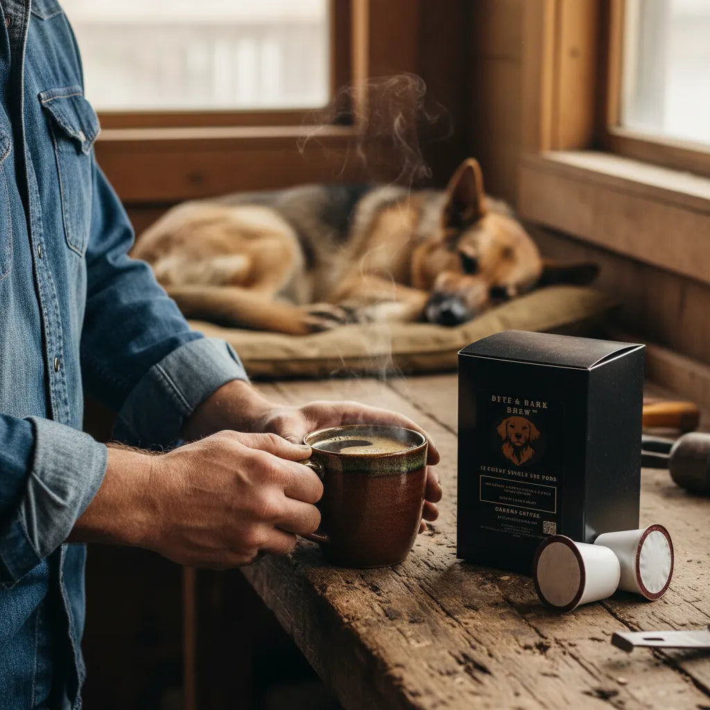 Person holding a steaming mug with a dog lying on a bench in the background