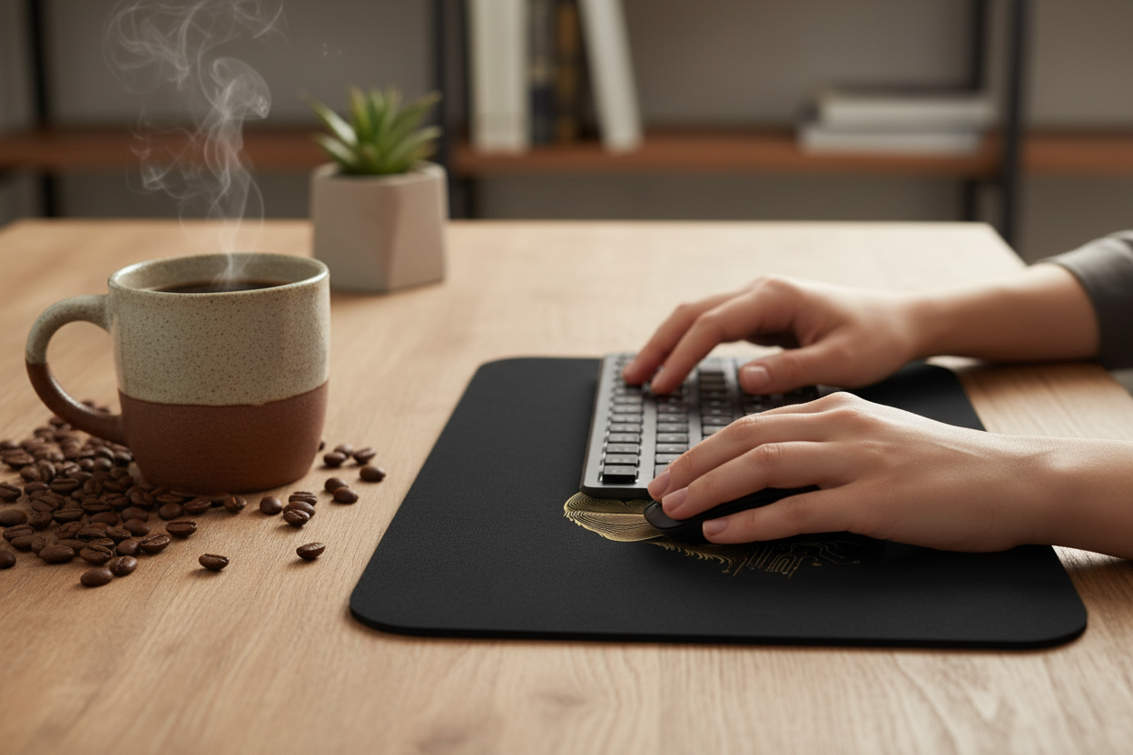 Cozy workspace with hands typing