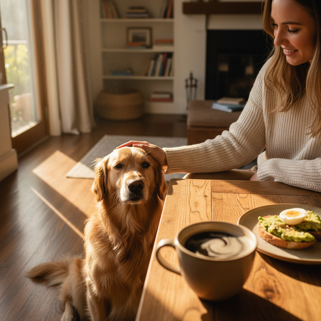 Dog and coffee brand story lifestyle shot
