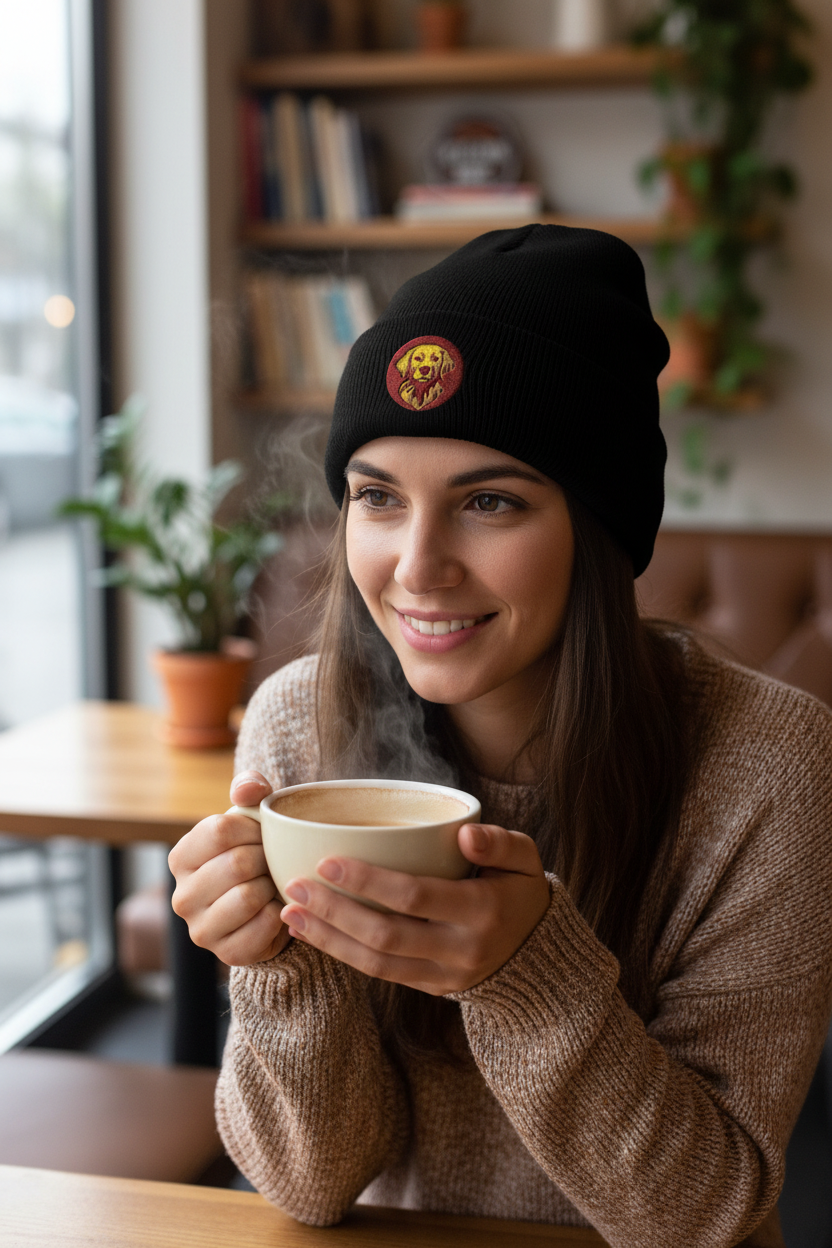 Young woman wearing black knit beanie with round embroidered yellow dog patch, holding steaming mug