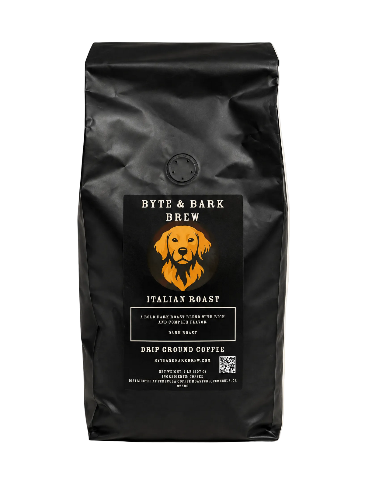 A black bag of Byte & Bark Brew Italian Roast drip ground coffee, featuring a prominent golden retriever logo on the front label, set against a plain off-white background.