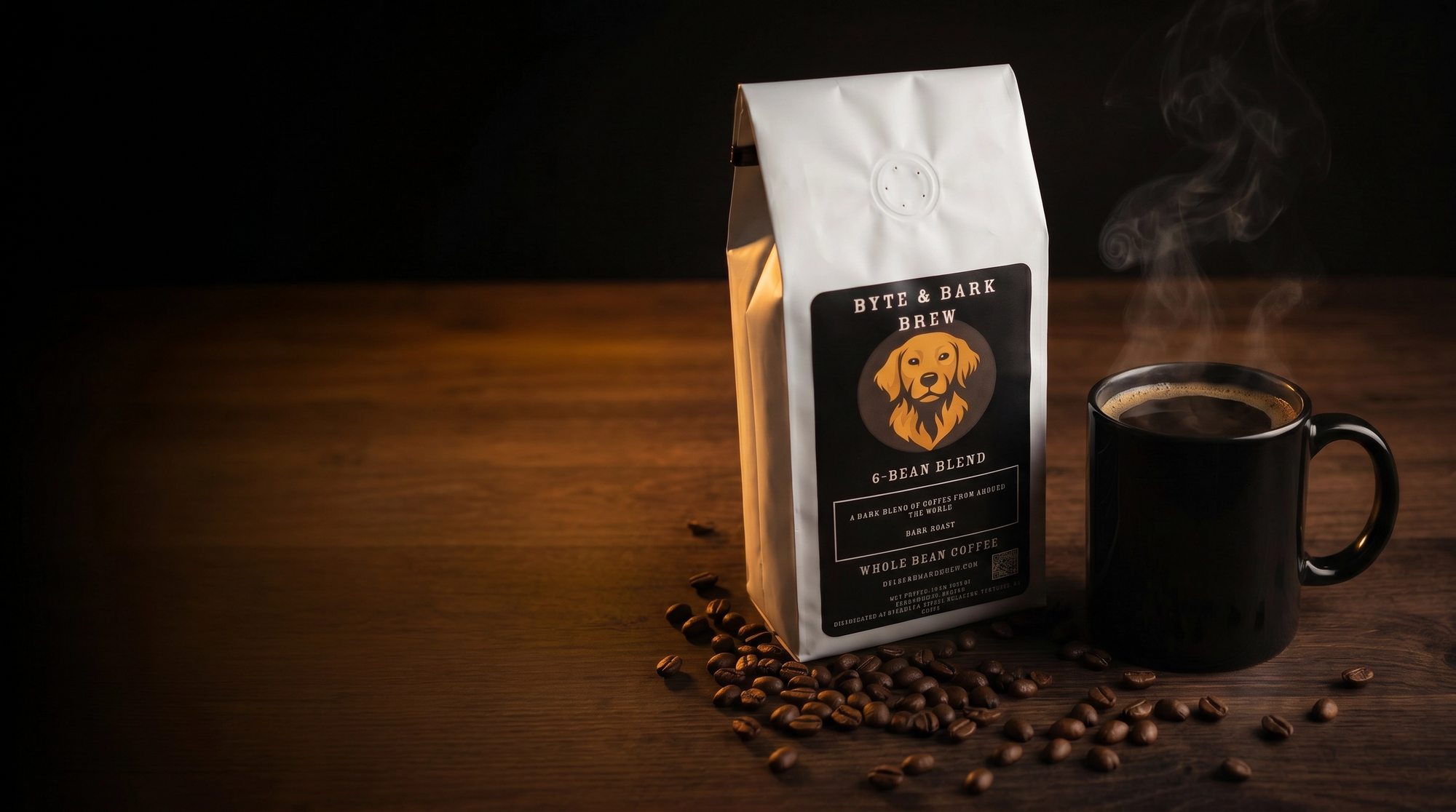 Coffee bag and mug with steam on a wooden surface, featuring 'Byte & Brew' brand.