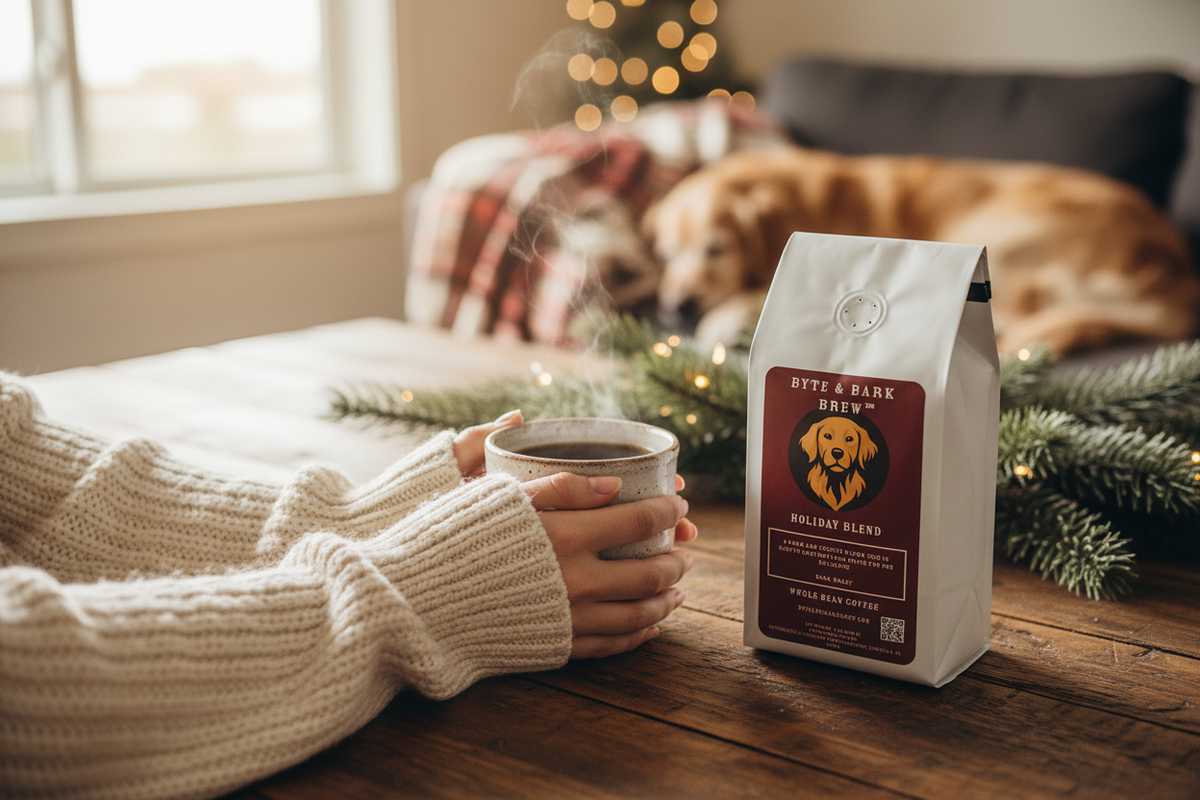 Steaming mug held in knitted sweater beside Byte & Bark Brew® Holiday Blend bag and evergreen sprig