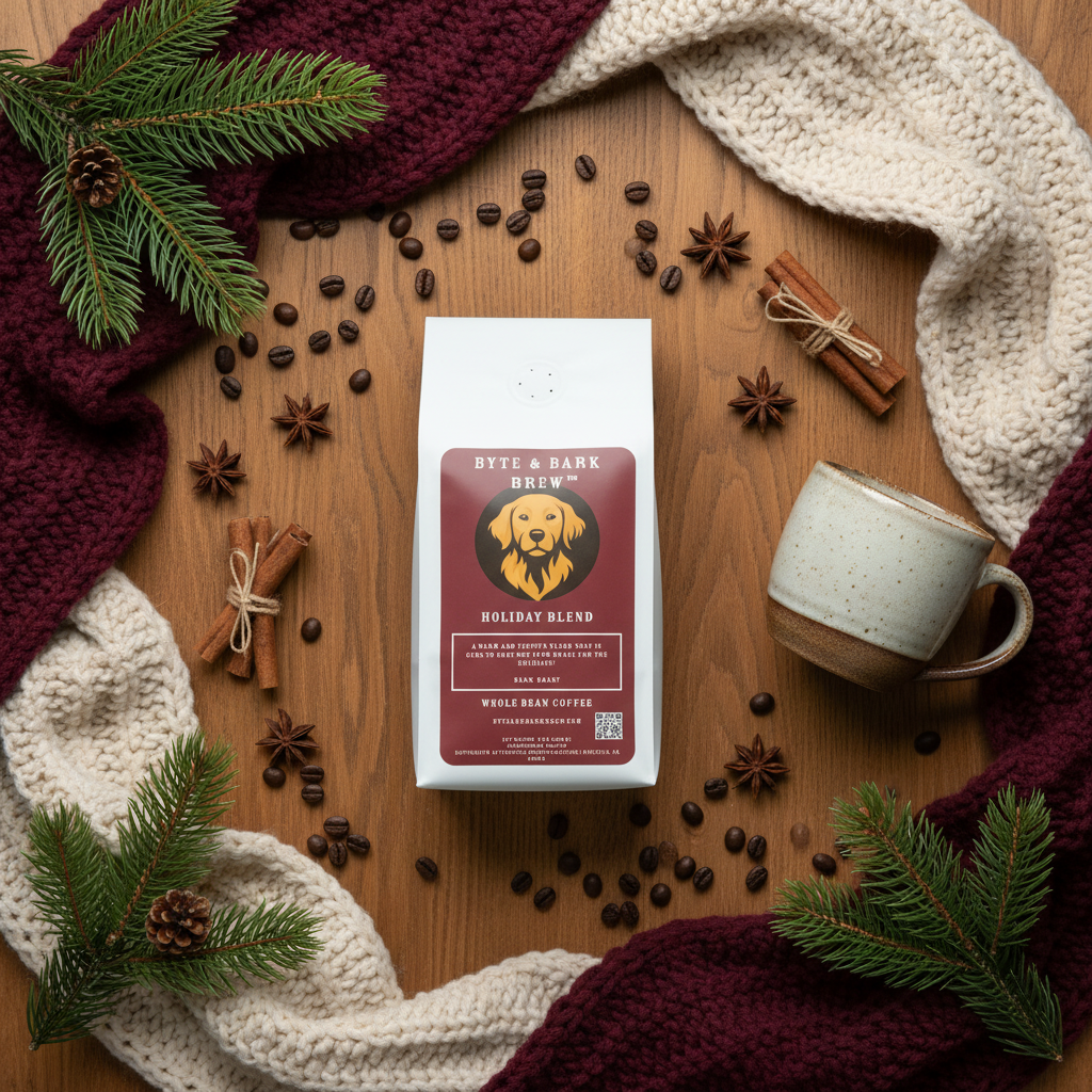 Byte & Bark Brew® Holiday Blend coffee bag surrounded by cinnamon sticks, star anise, scattered beans, ceramic mug