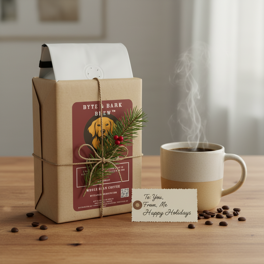 Kraft-wrapped Byte & Bark Brew® coffee bag with pine sprig, gift tag, scattered beans and steaming mug