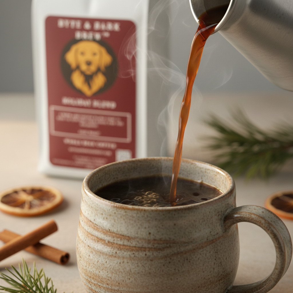 Steaming coffee poured into a speckled ceramic mug, Byte & Bark Brew® bag, cinnamon sticks