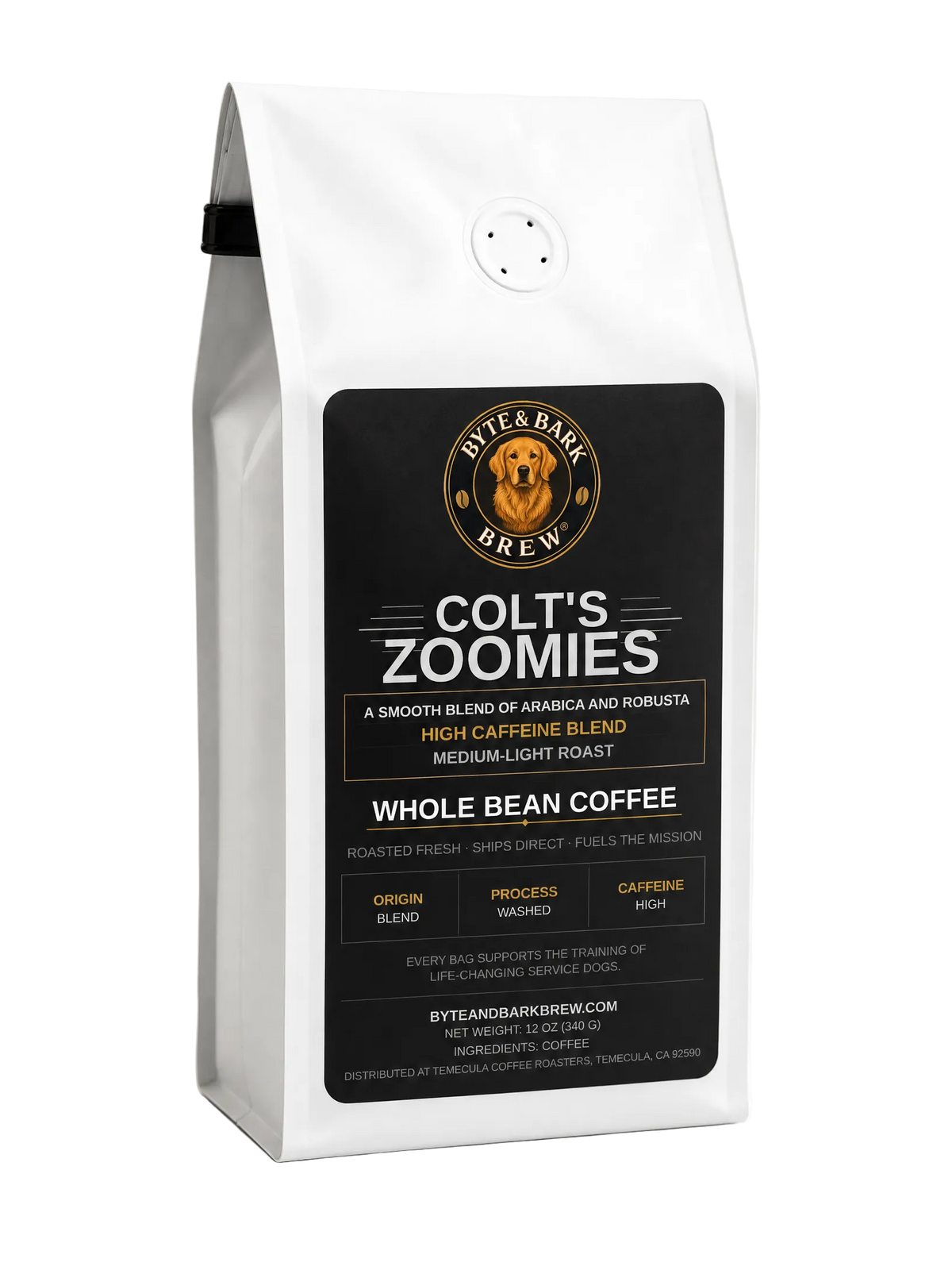 White three-quarter bag of Byte & Bark Brew® Colt's Zoomies whole bean coffee with black label