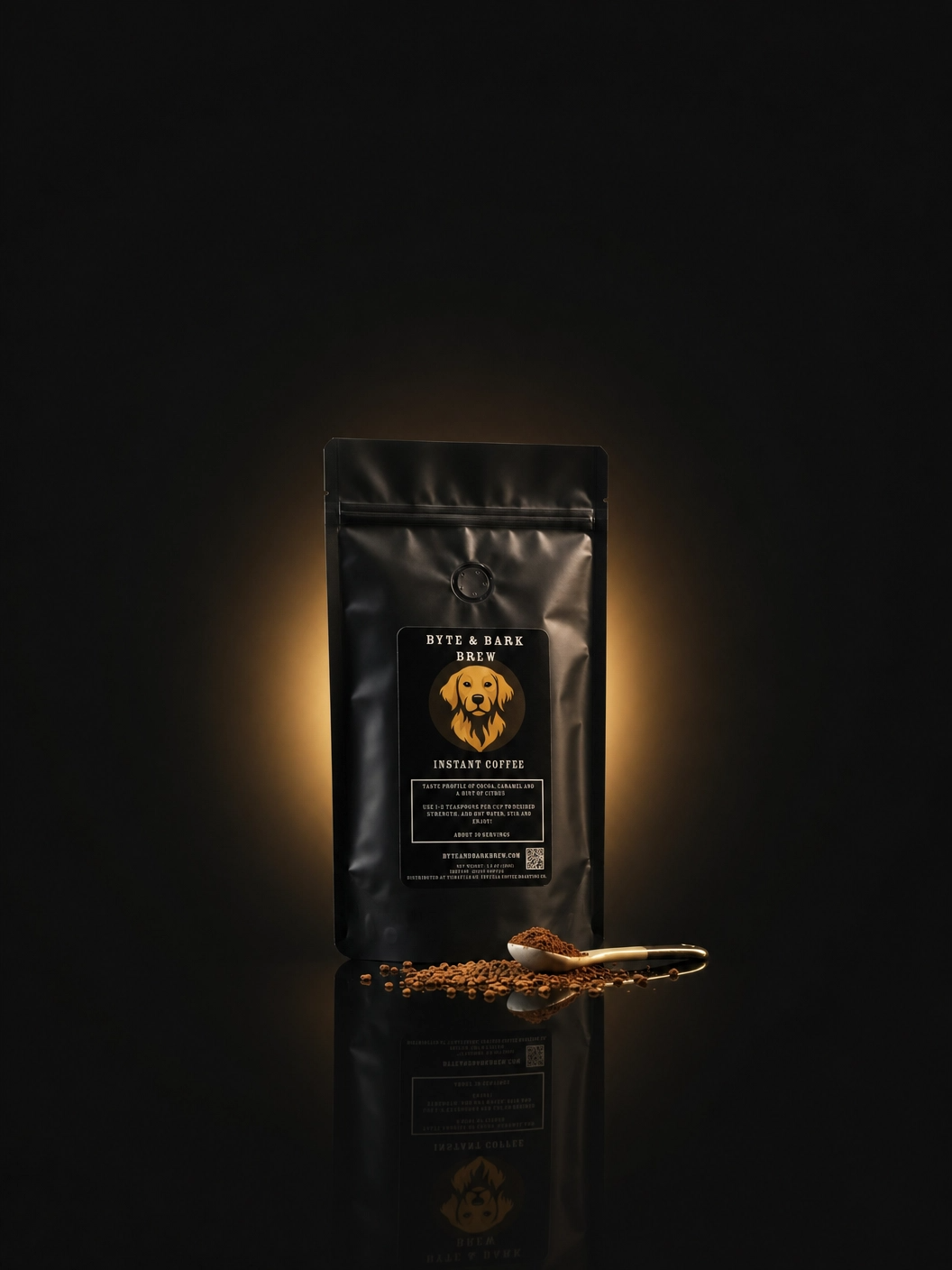 Black resealable coffee pouch labeled Byte & Bark Brew® with dog logo, spoon and scattered instant granules