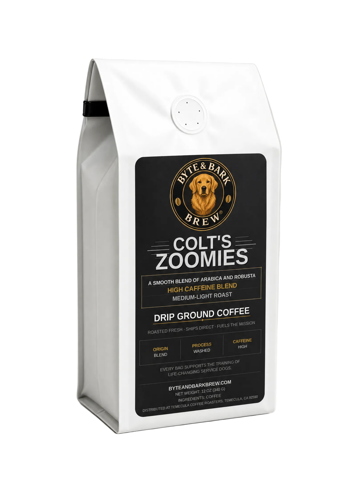 White coffee bag with Byte & Bark Brew® black label showing dog logo and 'Colt's Zoomies'
