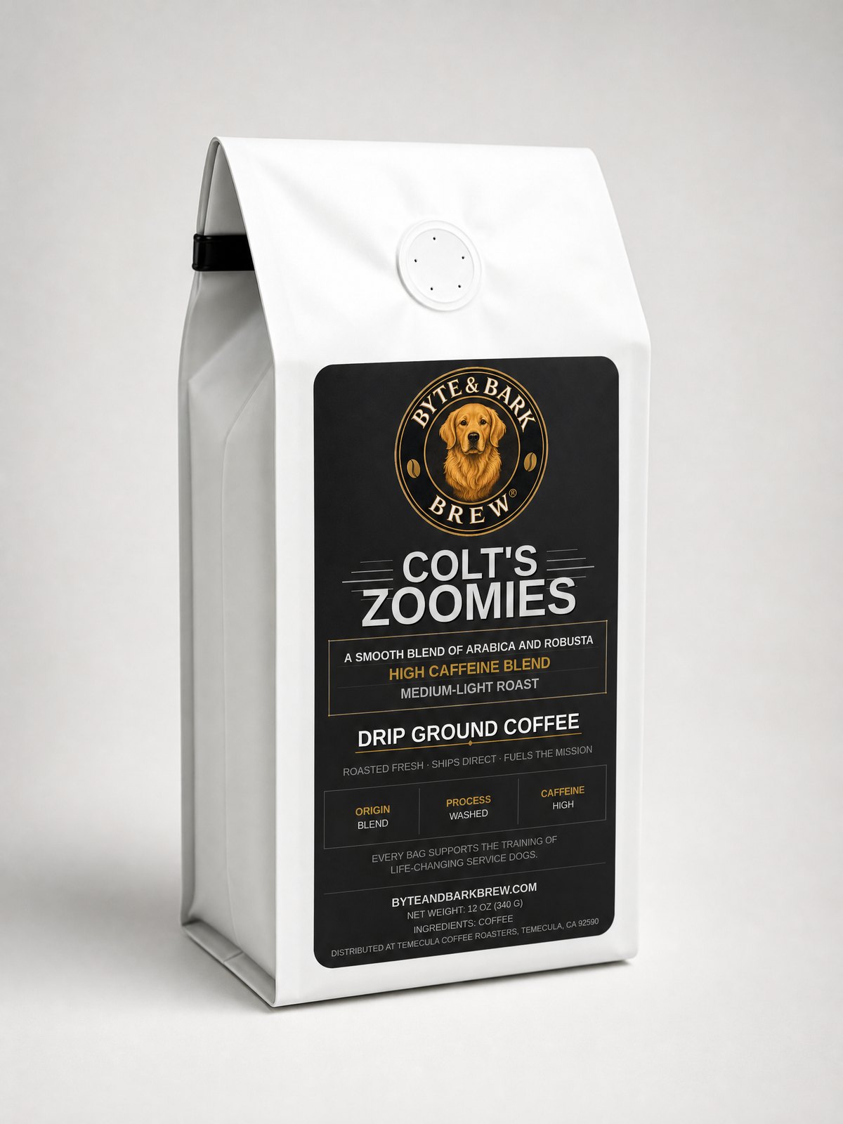 White coffee bag with black label showing Byte & Bark Brew® gold dog logo and 'Colt's Zoomies'