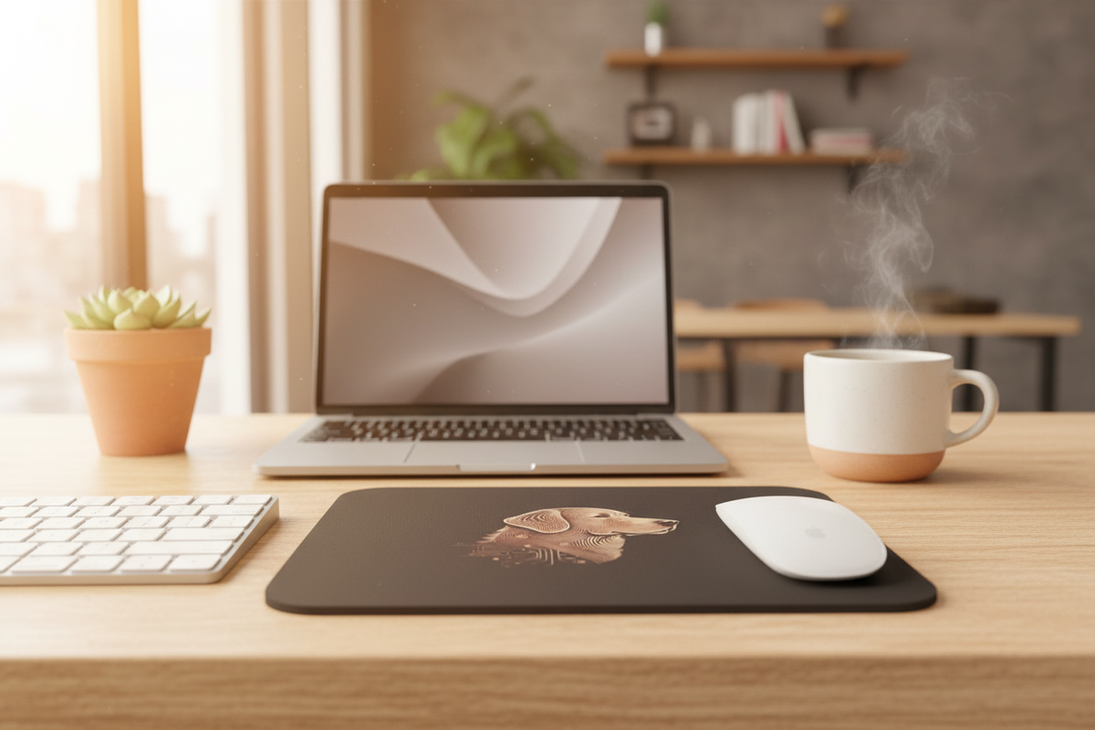 Black rectangular mouse pad featuring a stylized dog head graphic with a white wireless mouse on top