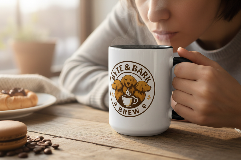 Person drinking from Byte & Bark Brew mug