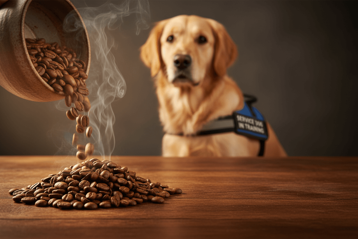 Dog in a blue vest looking at coffee beans being poured from a can.