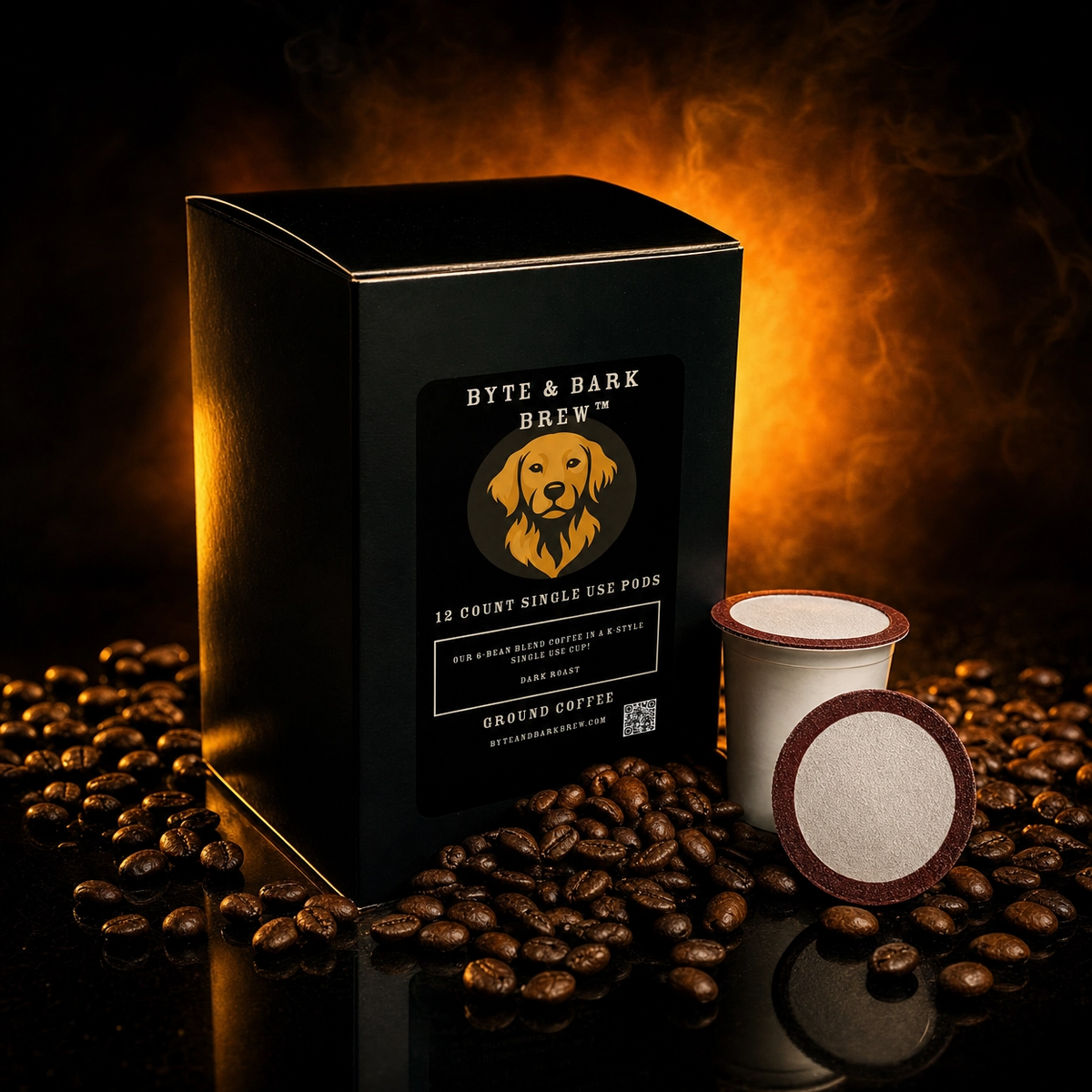 Black Byte & Bark Brew® box with two coffee pods and scattered roasted beans, warm orange backlight