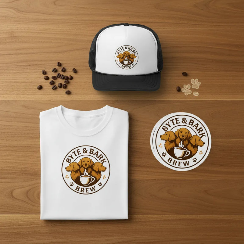 White t-shirt, black and white cap, and round sticker with 'Byte & Bark Brew' logo on a wooden surface.