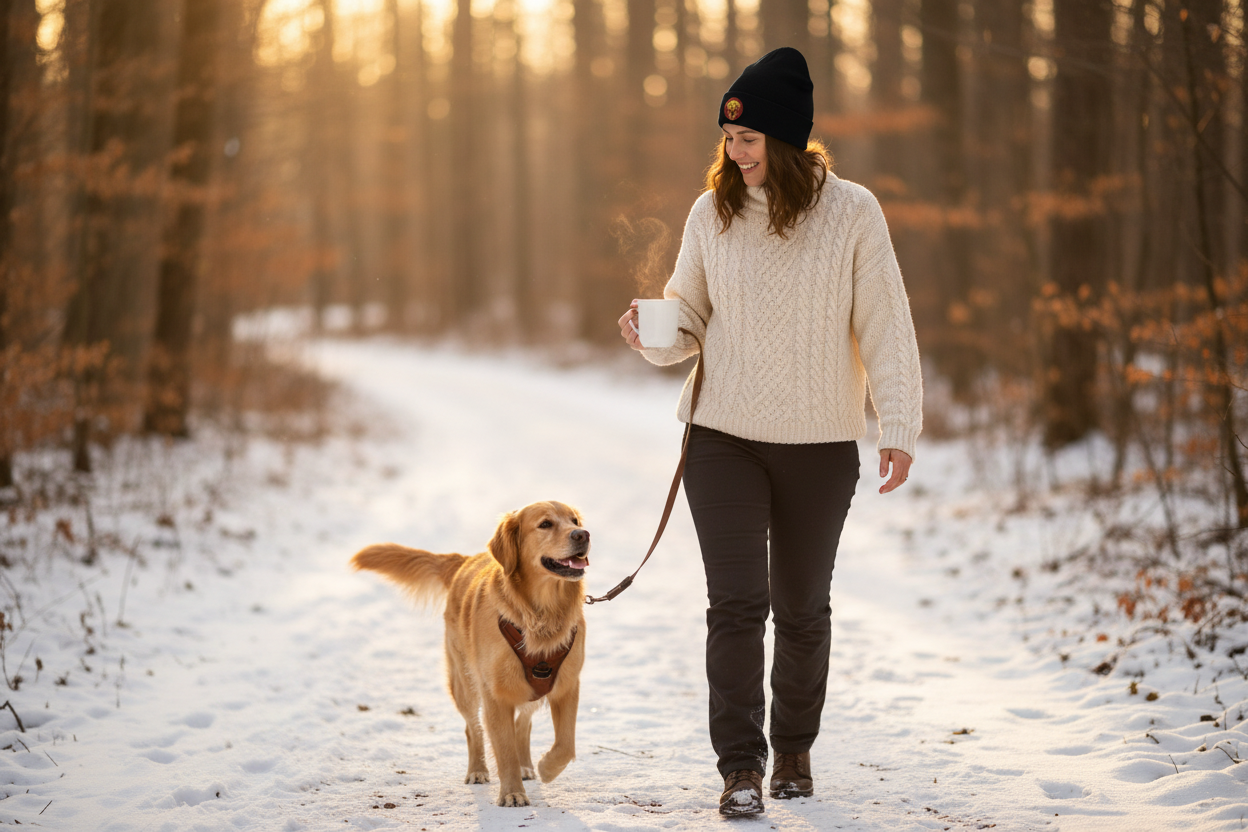 Winter morning dog walk with beanie