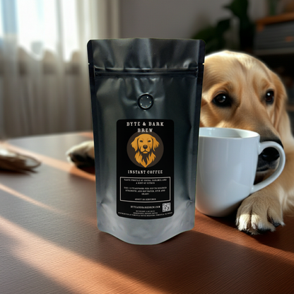 Bag of Byte & Bark Brew instant coffee with a dog's paw on a cup in a home setting