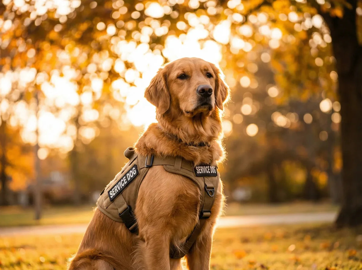 Golden retriever wearing a service-dog vest outdoors